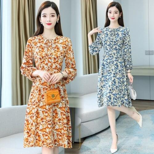 Plus Size Korean Casual Midi Dress 2021 Vintage Floral Chiffon Boho Beach Sexy Dress Spring Autumn Women Bodycon Party Vestidos