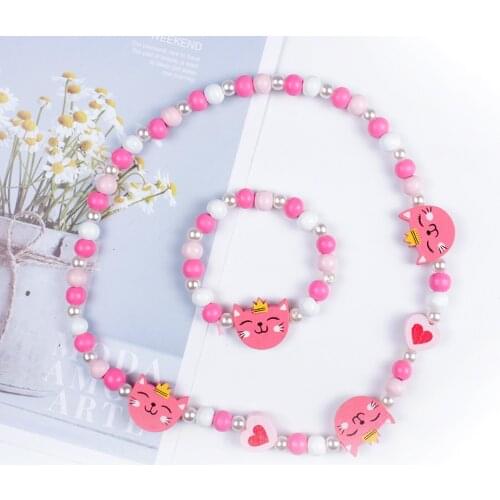 2Pcs/Lot Children Jewelry Kids Cute Cartoon Wooden Flower Animal Childrens Sweater Necklace Bracelet for Birthdays Gifts