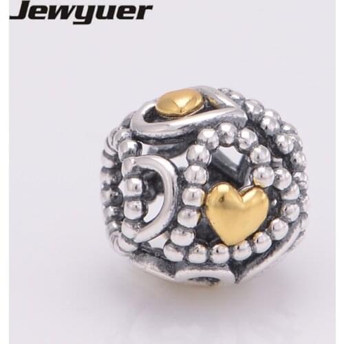 Openwork hearts silver charms with golden hearts fit 925 sterling silver bead charm bracelets diy making fine Jewelry Memnon
