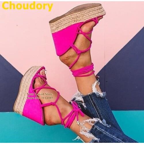 Choudory Rope Plaited Wedge Heel Sandals Fuchsia Suede Patchwork Lace-up Wedding Shoes Women Platform Gladiator Pumps Size46