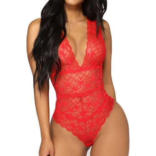 One Piece Fashion Sexy Womens Rompers Sheer Lace Ladies Lingerie Solid Black Red Female Backless Nightwear Onesies Body Encaje