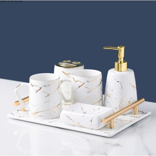 Golden Marble Toothbrush Holder Bathroom Supplies Ceramic Mouthwash Cup Soap Box Lotion Bottle Storage Tray Bathroom Decoration