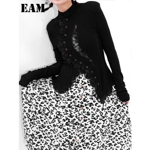 [EAM] Black Asymmetrical Lace Hollow Out Knitting Cardigan Sweater O-Neck Long Sleeve Women New Fashion Spring Autumn 2021 1DD60