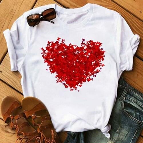 Red Butterfly Heart Printed T Shirt Women Fashion T Shirt Female Short Sleeve Casual Tops Black Tee Shirts Women Cute Shirts Top