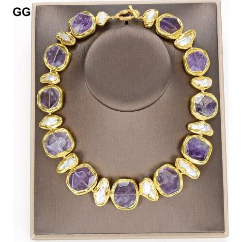 GG Jewelry Natural Freshwater White Biwa Pearl Amethyst 24 KT Gold Color Plated Necklace Bracelet Earrings Sets