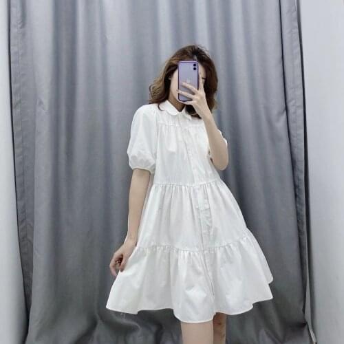 Summer White Fairy Dress Women Lapel Solid Color Wide-hem Cotton Cottagecore Dresses 2021 New Fashion Plus Size Casual Outwear
