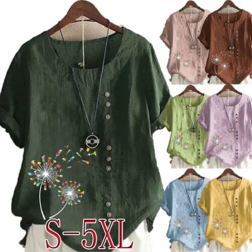 11 Colors Summer Casual Dandelion Printed Loose T-shirts Vintage O-Neck Plus Size Short Sleeve Blouse Tops For Women S-5XL