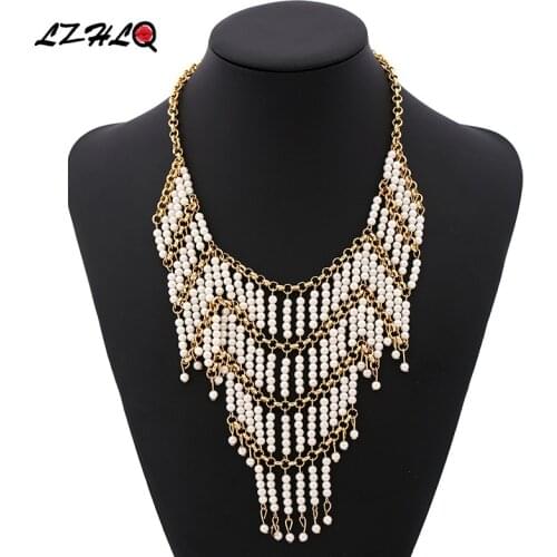 LZHLQ Bohemian Style Long Gold-Color Chain Necklace with White Black Beads Tassel Pendants Necklaces Women Jewelry