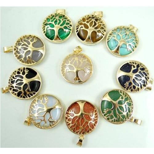 Natural Stone Quartz Opal tiger eye Pendant Rose Gold Color Tree of Life Round Shaped etc Reiki for diy ewelry making necklace