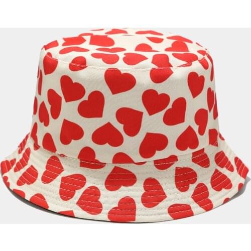 2021 Fashion Summer Cotton Bucket Hat Heart Print Fisherman Hats Hip Hop Outdoor Travel Panama Cap Sun Caps for Men Women