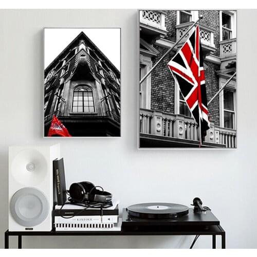Modern England Black White Posters and Prints UK Flag and Red Bus Flat Iron Photos Wall Art Canvas Painting Pictures Home Décor