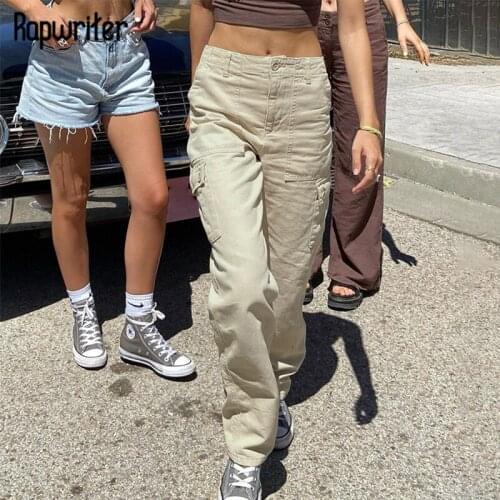 Rapwriter Casual Khaki Pants y2k Pocket Denim Pants Boyfriend Cargo Pants Women Autumn Retro Baggy Jeans Stylish Streetwear Chic
