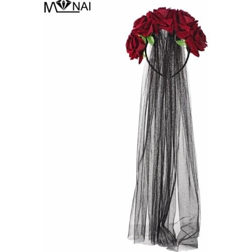 Handmade Lolita Deep Red Rose Flower Hair Crown Garland Headband Vintage Festival Boho Goth Veil Hairs Accessories Gothic