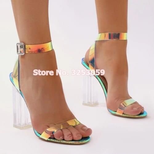 ALMUDENA Perspex Transparent Chunky Heels Sandals Colorful PVC Strappy Sandals Sweet Patchwork Wedding Shoes Banquet Pumps