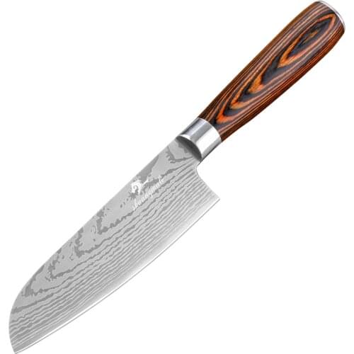 Shuangmali 5 Inch Santoku Chef Knife Laser Damascus 420 Stainless Steel Kitchen Slicing Knives Wood Handle Cleaver Santoku Knife
