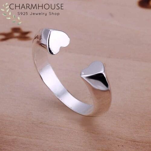 Sterling 925 Silver Rings For Women Double Heart Ring Adjustable Bague Femme Wedding Band Bridal Korea Style Jewelry Accessories