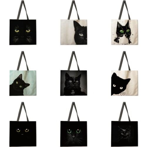 Oil painting black and white cat girl print handbag lady linen bag lady shoulder bag outdoor handbag foldable shopping bag