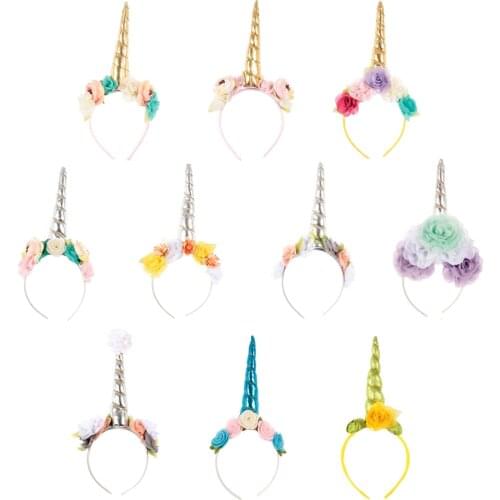 Yundfly 1PCS Cute Children Baby Unicorn Hair Band Chiffon Rose Flower Girls Party Hairbands Unicorn Horns Hair Accessories