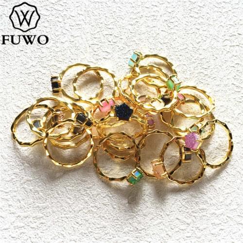 FUWO Female Elegant Brass Druzy Rings Charms Gold Ring Minimalist Jewelry Wedding Rings for Women Adjustable Size RG019