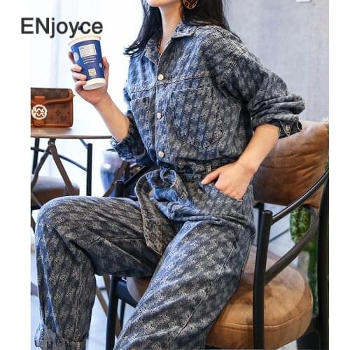 ENjoyce Trendy Printed Blue Jumpsuit for Women Vintage Denim Long Sleeve High Waist Jeams Playsuits Jump Suits Spring Fall 2021