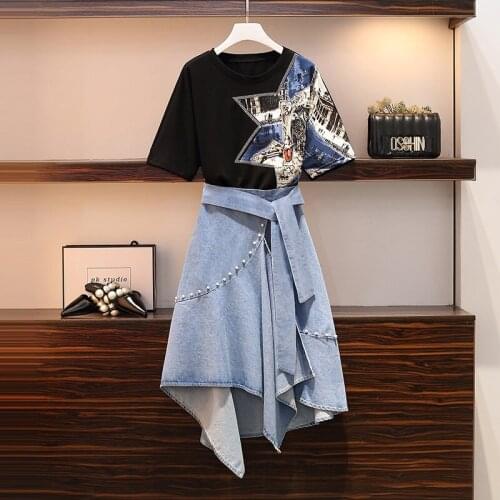 Summer New Fashion Womens Chic 2 Pieces Sets Short Sleeve Stars Print Tshirt+Long Denim Pearl Asymmetry Skirts Students Suits