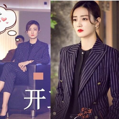Set womens spring and autumn new female professional blazer Slim simple stripe suit and pants feet pants two sets black