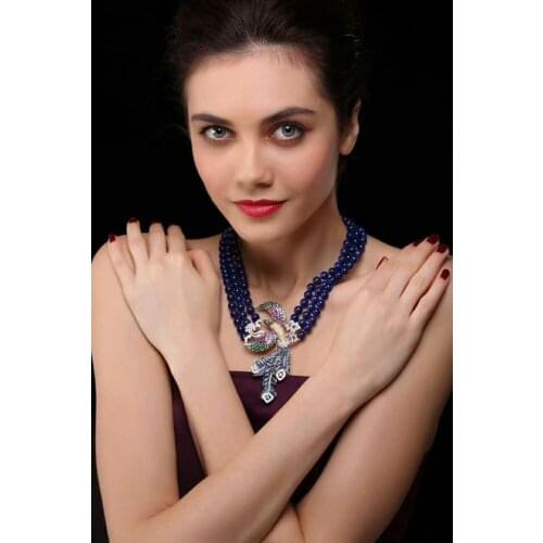 Noble luxury 8-9mm pearl & 8mm Blue jade tassel inlay zircon Phoenix Clasp Necklace fine jewelry