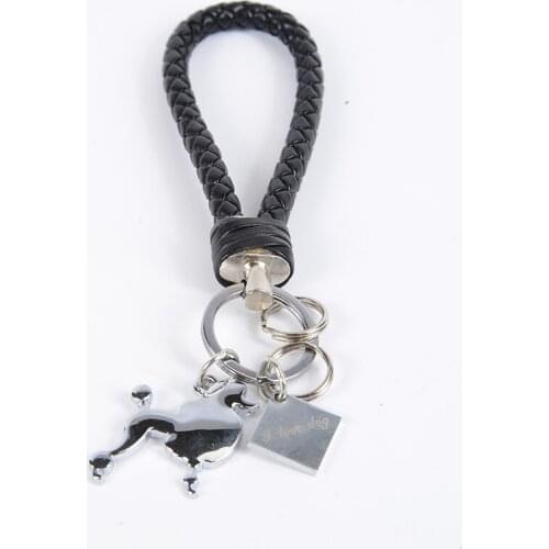 Poodle dog pendant key chains for men women PU leather rope silver color alloy bag charm car keychain key ring holder keyring