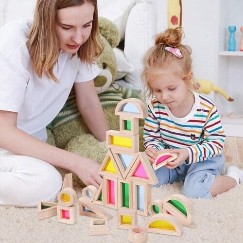 Montessori Wooden Toys Kids Rainbow Blocks Solid Rubber Wood Stacking Acrylic Buliding Blocks Creative Educational Toys