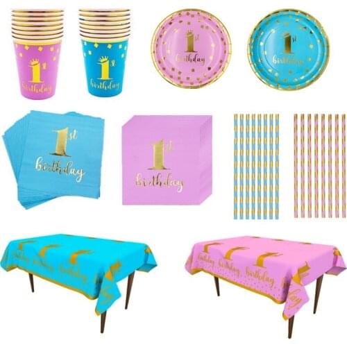Boy Girl 1st Birthday Party Decor Disposbale Tableware Kit Blue Pink Plate Cups Napkins Baby Shower Kids Birthday Party Supplies