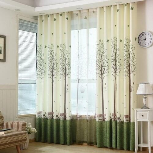 Country Style Curtains for Living Room Bird and Tree Printed Kids Semi-Shading Bedroom Window Curtain Panels Polyester Fabric