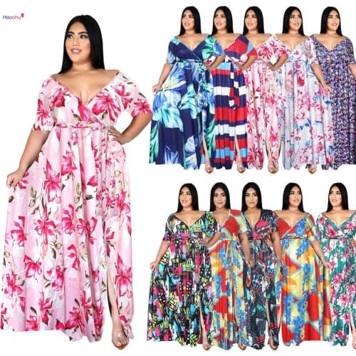 HAOOHU Elegant Dresses For Women Short Sleeve Sexy Large Womens Clothing Maxi Dress Vestidos Plus Size Dresses Summer Dress