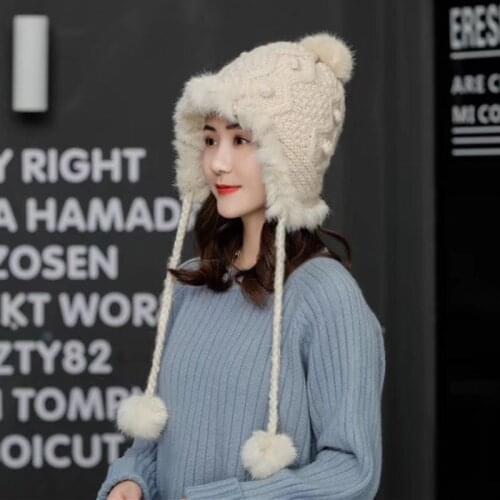 Real Rabbit Fur Cute Knitted Women 2021 New Korean Version Of Winter Warm And Windproof Ear Ball Wool Hat