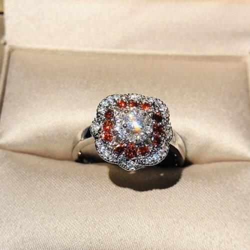 Exquisite Female Crystal Rings 925 Sterling Silver Round Flower Red Zircon Rings for Women Promise Love Wedding Band Jewelry