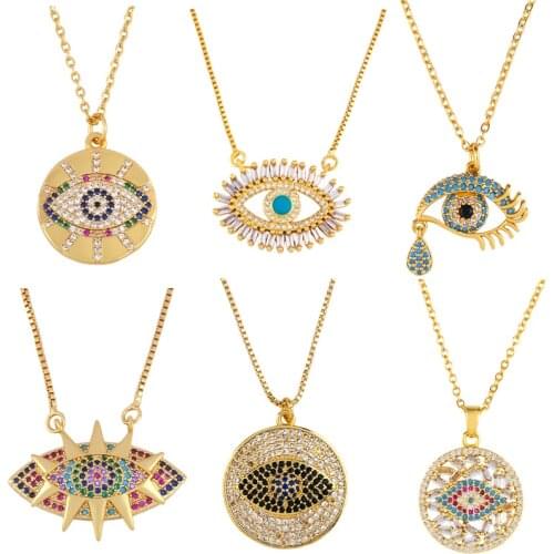 KSRA Vintage Gold Plating Copper CZ Evil Eye Necklace For Women Fashion Gold Brass Chain Boho Pendant Necklace Jewelry