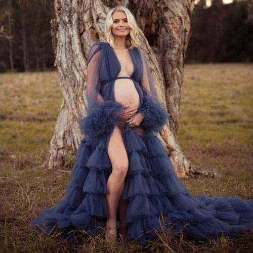 Fashion Navy Tulle Maternity Robe Women Dress for Photo shoot Prop See Thru Tiered Ruffle Tulle Maternity Dresses Photography