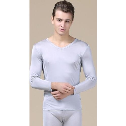 Mens solid V-neck silk double knitted thermal underwear set autumn clothes and pants 9805