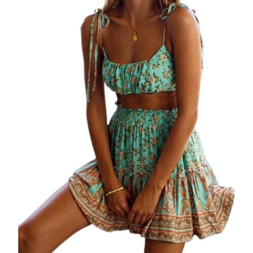 Floral Printed Sexy Women Clothes Sets Ladies Strappy Crop Tops Pleated Lace Up Waist Skirts Casual Loose Female Holiday Sets