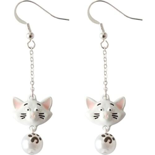 Women Little Girls Brincos Imitaion Pearls Pink Cat Ear Dangle Earrings Silver Color Tom Cat Drop Earrings For Lady Femme Gifts