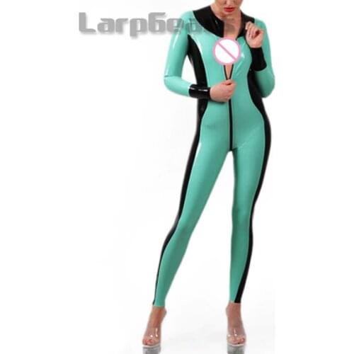 Blue and black Latex Catsuits Latex Rubber Bodysuits Exotic Costumes Jumpsuit Front Zipper