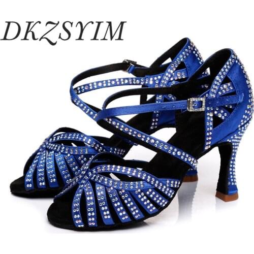 DKZSYIM Latin dance shoes women Blue rhinestone salsa Dance Shoes party sparkling latin ballroom shoes Multiple Heel Height