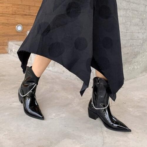 2021 New Leather Boots Women Genuine Pointed Toe Mid Heel Ankle Boots Slip On Western Boots Cowboy Boots Women WESTERN