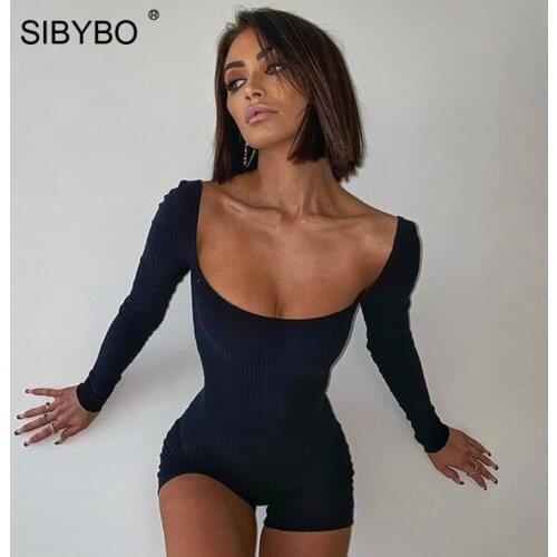 Sibybo Black Rib Knitted Long Sleeve Jumpsuits For Women Square Neck Bodycon Sexy Rompers Fall Clothing 2021 Basic Slim Catsuit