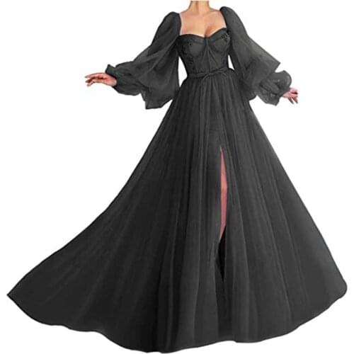 Pukguro Tulle Prom Dress Long Puffy Sleeves Backless Formal Evening Party Gowns Beauty Pageant Dresses Plus Size