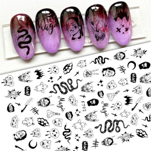 10PCS3D Realistic Thriller Halloween Series Skull Head Clown Girl Christmas Snowflake Elk Pattern Nail Sticker Nail Slider