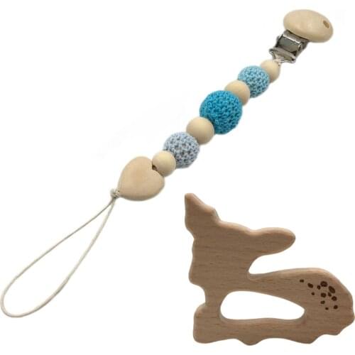 2pcs Dummy clip pacifier chain holder wood silicone crochet beads personalized baby gift beech Deer teether and pacifier chain