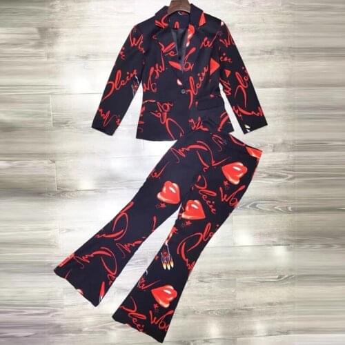 Fashion Designer 2021 Autumn Two Pieces Set Women Letter Printed Single Button Top+Pans Suits