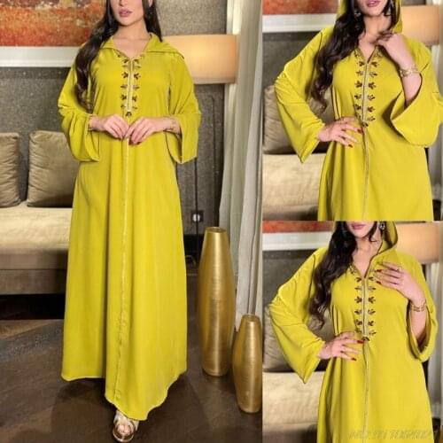 Abaya Dubai Turkey Muslim Women Hooded Long Dress Embroidery V-Neck Rhinestone Islamic Clothing Robe Eid Mubarak Kaftan Dropship