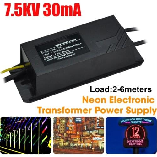 AC110V 7.5KV 30mA Black Waterproof Neon Electronic Transformer Power Supply for LED Lighting