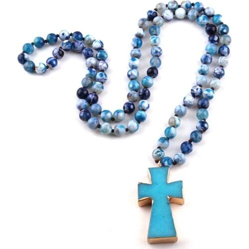 Free Shipping Fashion Bohemian Tribal Jewelry Semi -Precious Stones Long Knotted Cross Pendant Necklaces